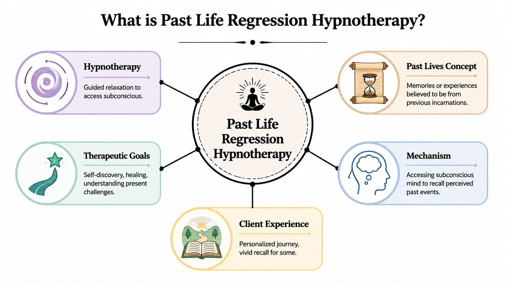 An infographic titled What is Past Life Regression Hypnotherapy explaining its concepts, therapeutic goals, and client experiences.