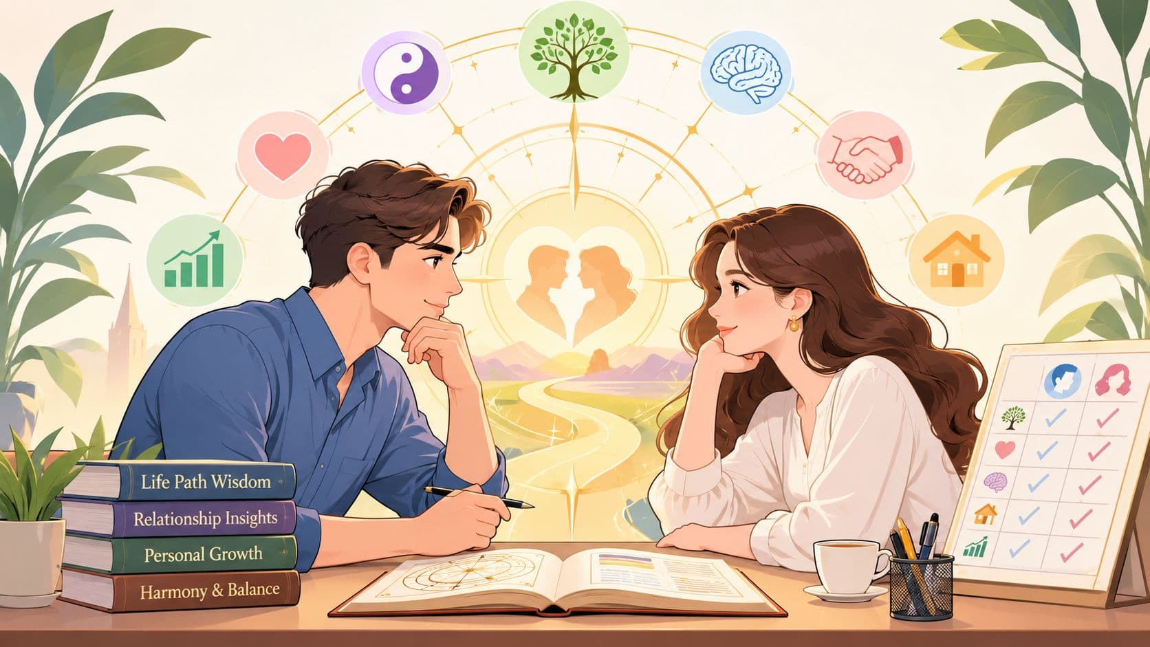 A young couple sits at a desk discussing relationship compatibility, surrounded by symbolic icons and books.