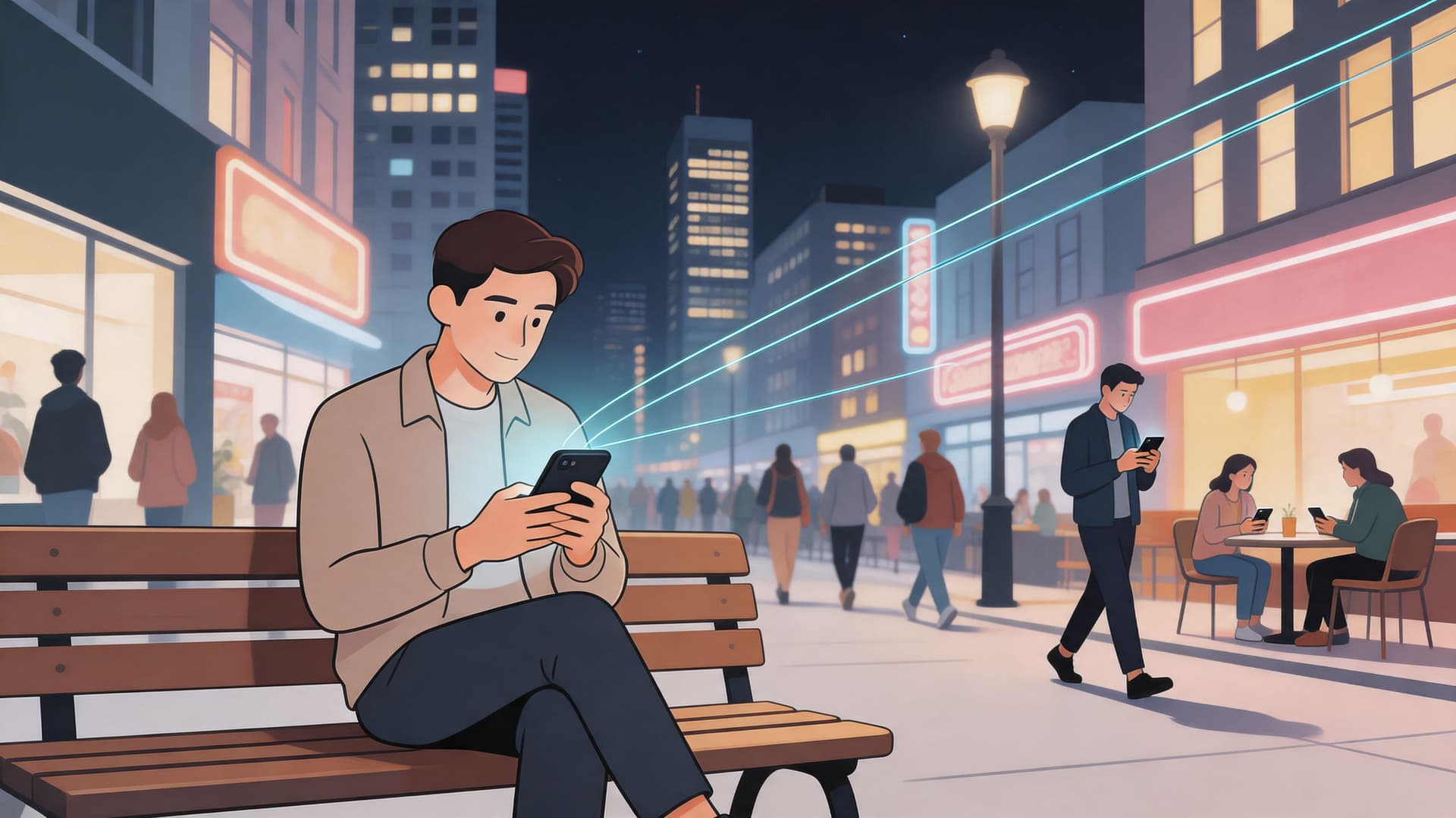 A man sitting on a park bench using his smartphone connected by digital lines to other people.