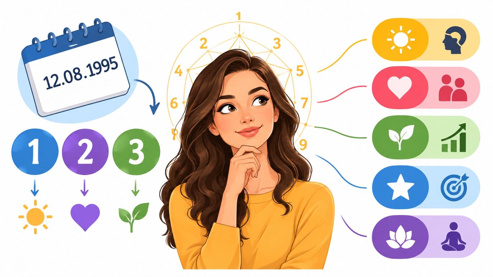 A woman contemplating numerology symbols and life path calculations based on a specific birth date.