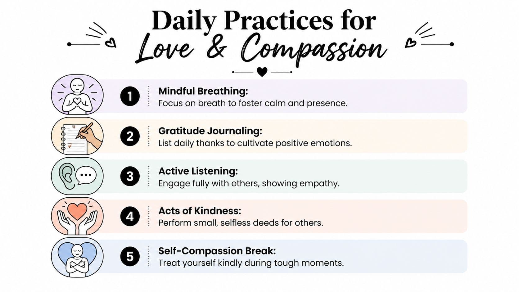 A colorful infographic listing five daily habits to cultivate love and compassion in your life.