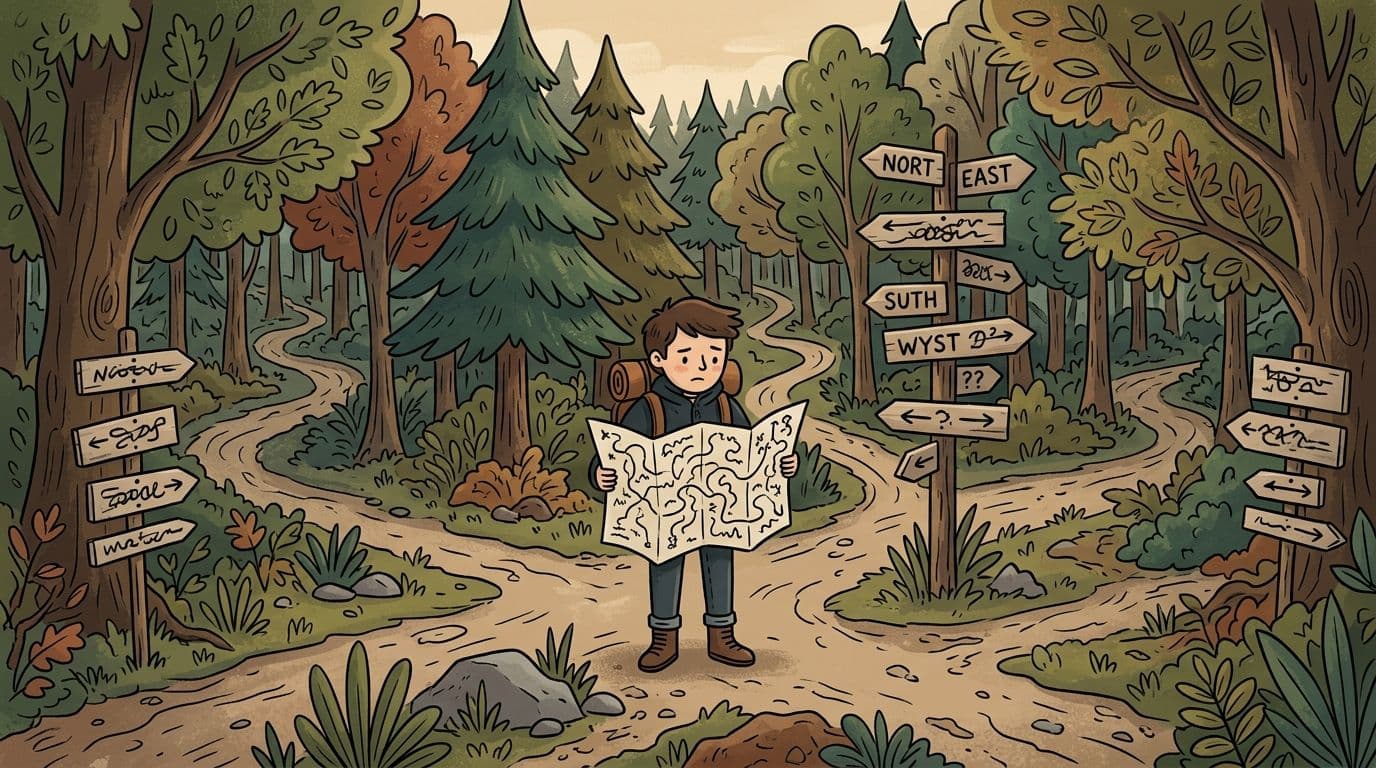 A confused young hiker stands in a forest holding a map at a multi-path intersection.