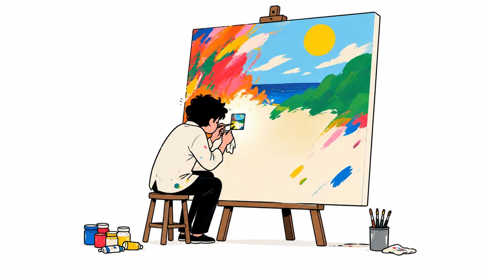 An artist sits on a wooden stool painting a vibrant beach scene on a large canvas easel.