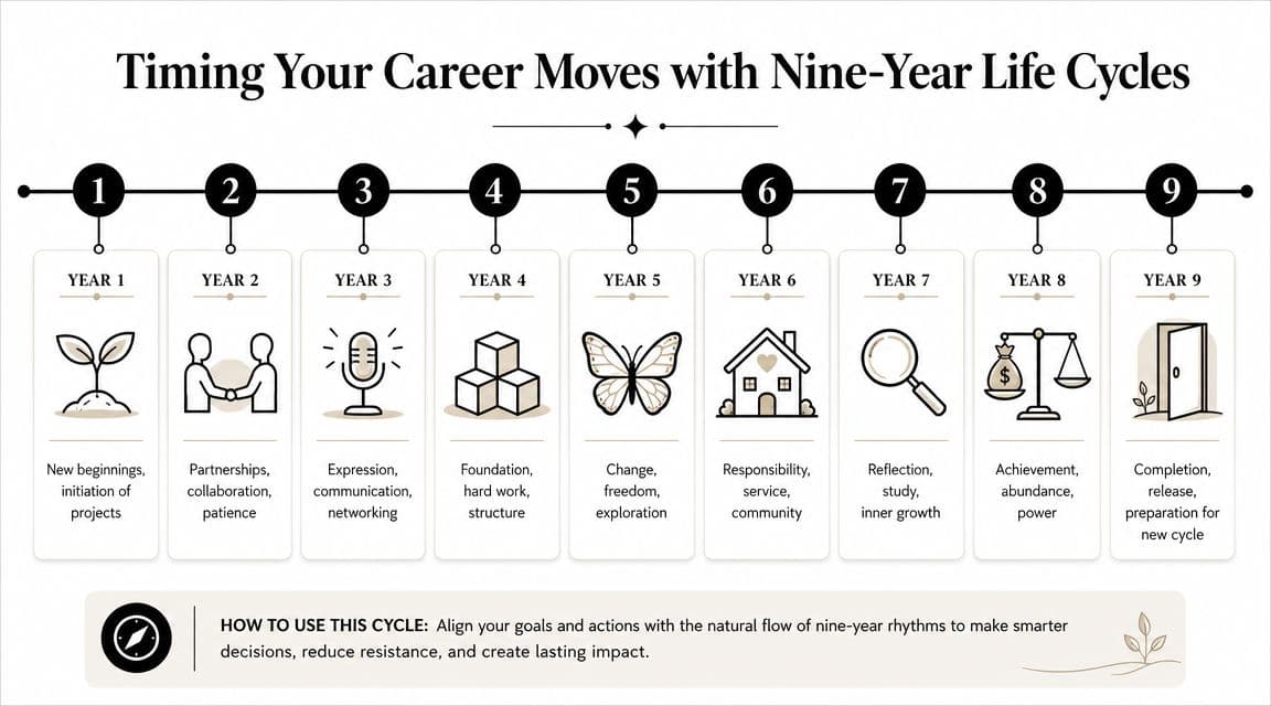 A diagram illustrating a nine-year career cycle with themes for each stage from beginnings to completion.