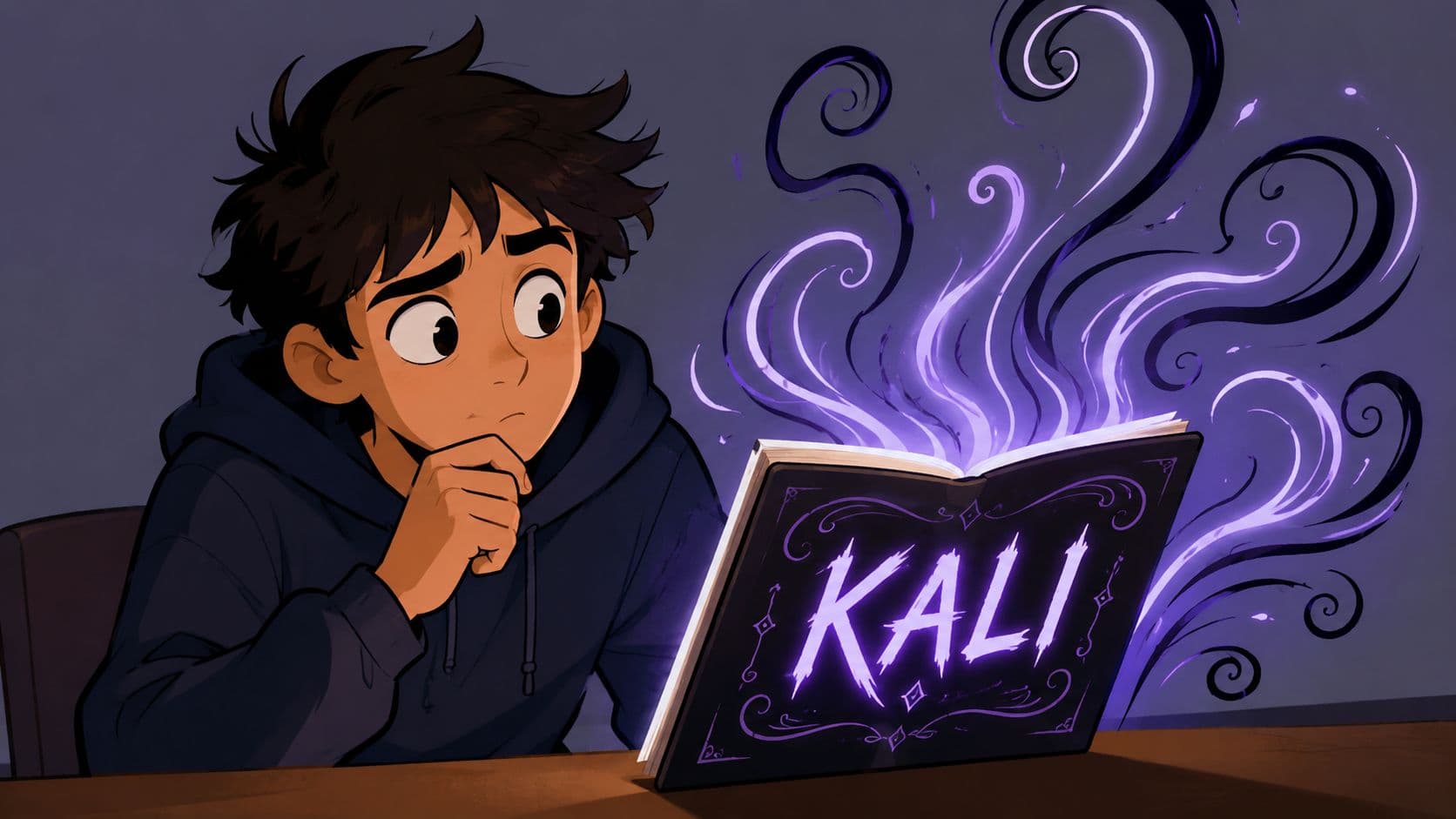 An illustration of a young boy looking curiously at a glowing book with the word KALI inside.