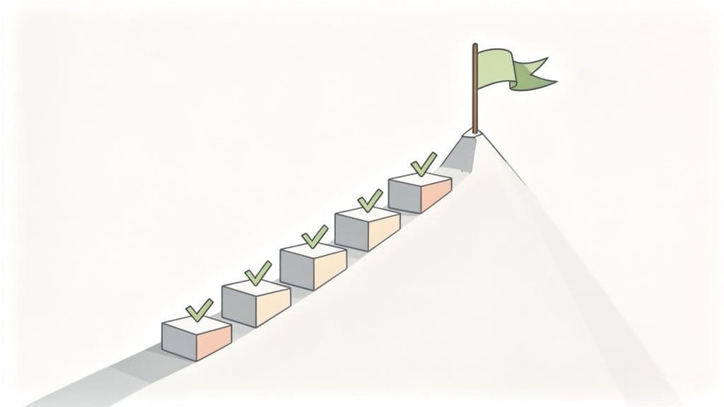 Illustration of a progress path with checked steps leading to a flag on a peak.