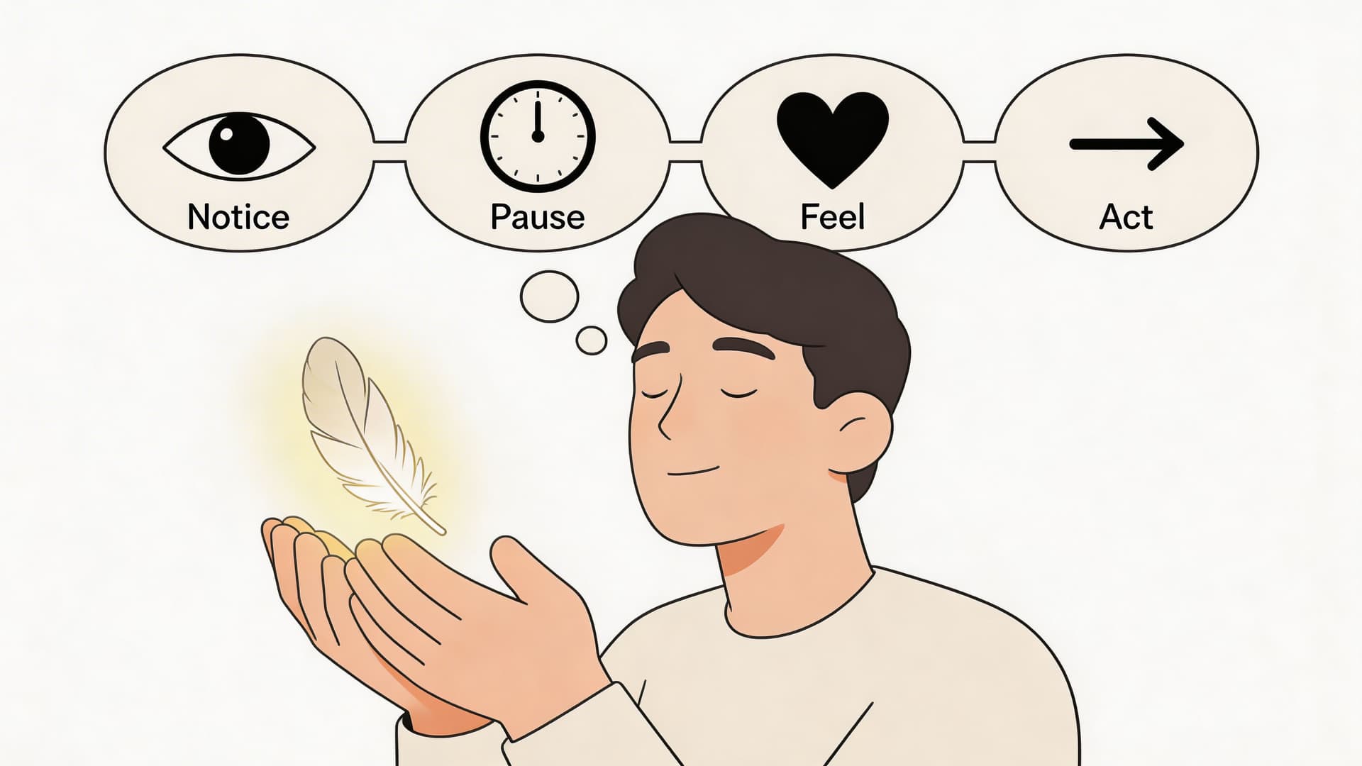 A man thoughtfully looking at a floating feather, with icons representing notice, pause, feel, and act overhead.