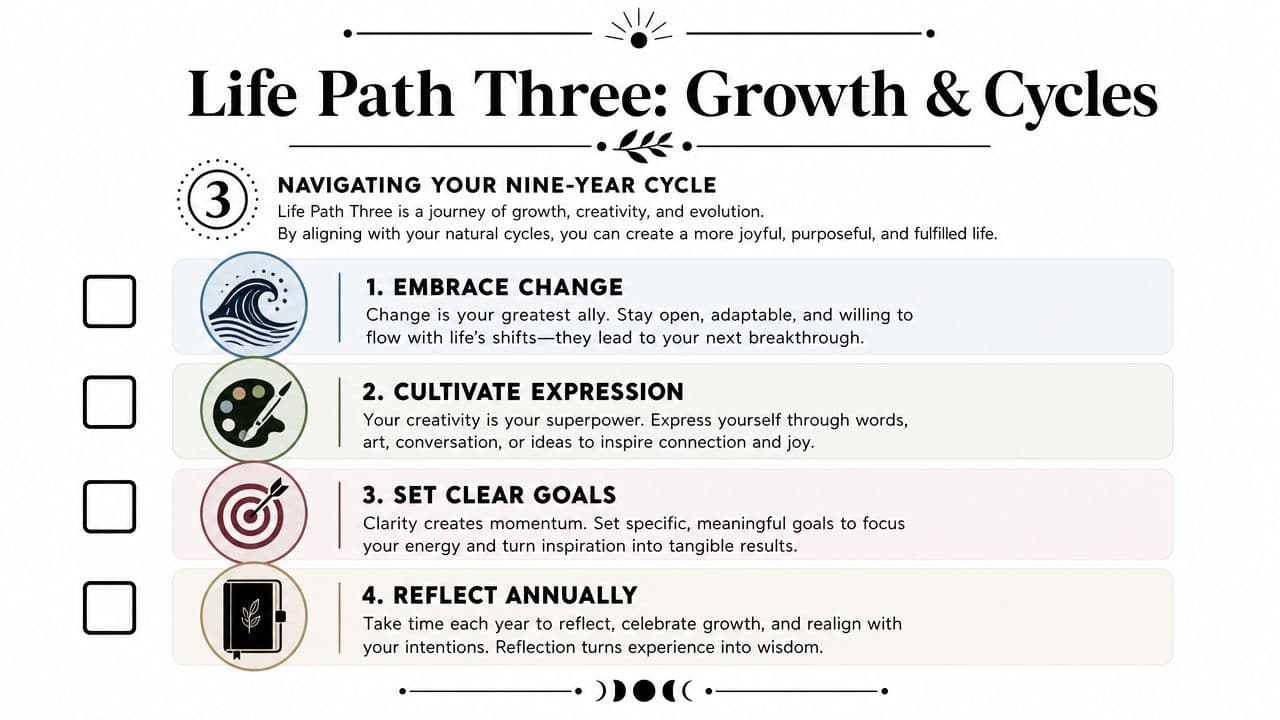 A graphic about Life Path Three showing four steps for growth and cycles including change and expression.