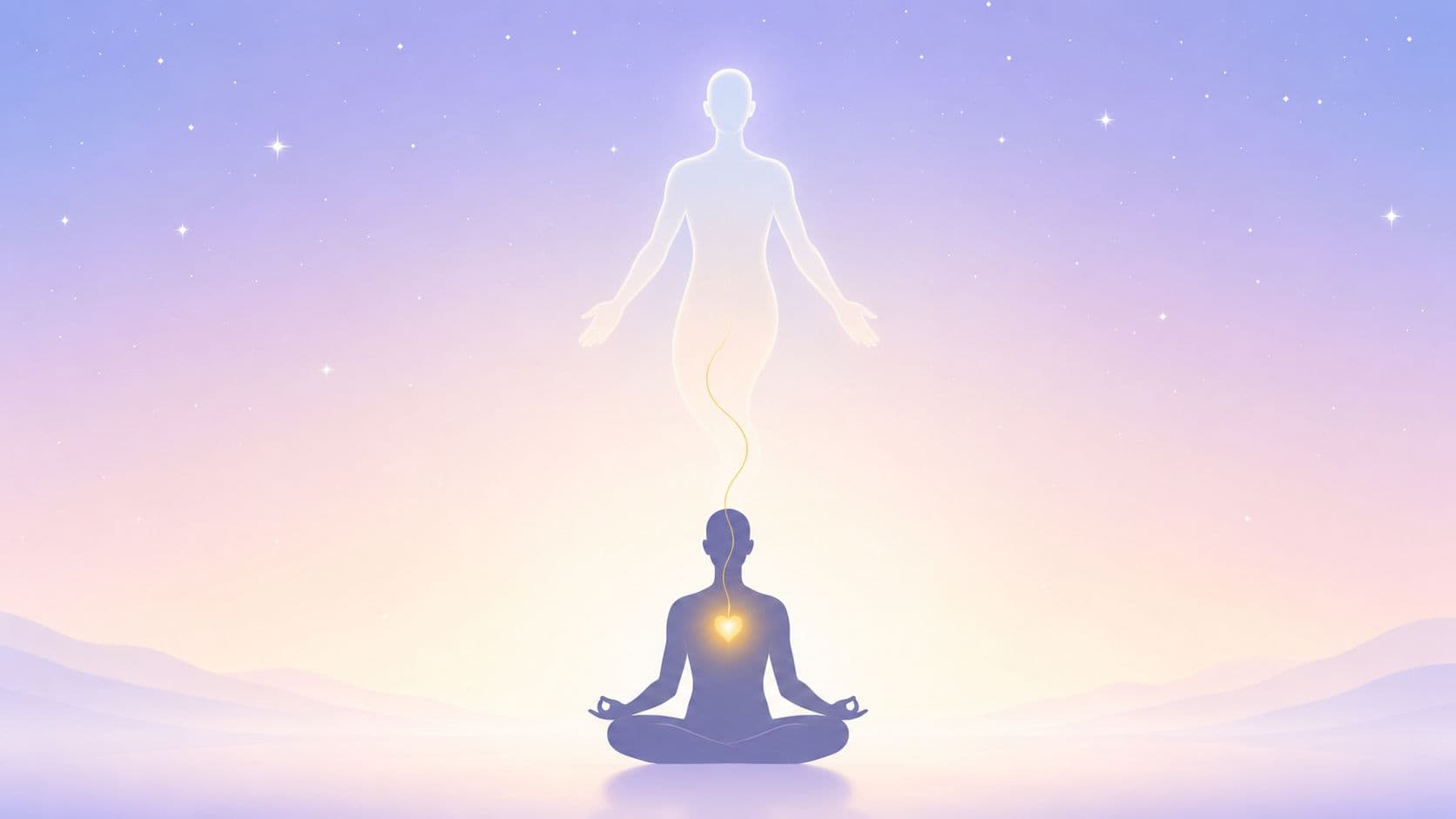 A meditative silhouette connecting to a glowing ethereal spirit form floating in a peaceful starry sky.