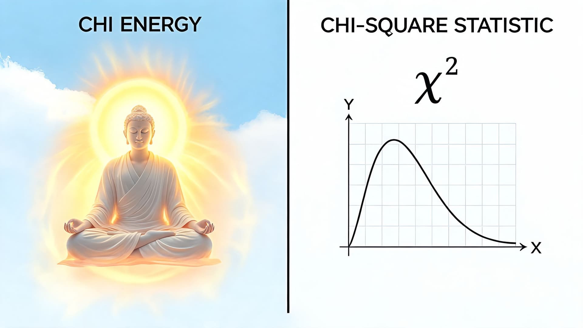 A split-screen comparison showing a meditative figure representing Chi energy and a Chi-square statistical distribution graph.