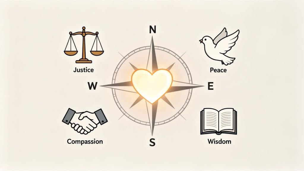 A compass rose with a glowing heart at its center, surrounded by icons for justice, peace, compassion, and wisdom.