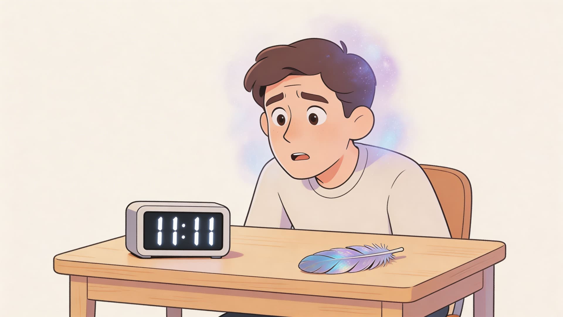 A surprised young man staring at a digital clock showing 11:11 with a magical feather on the table.