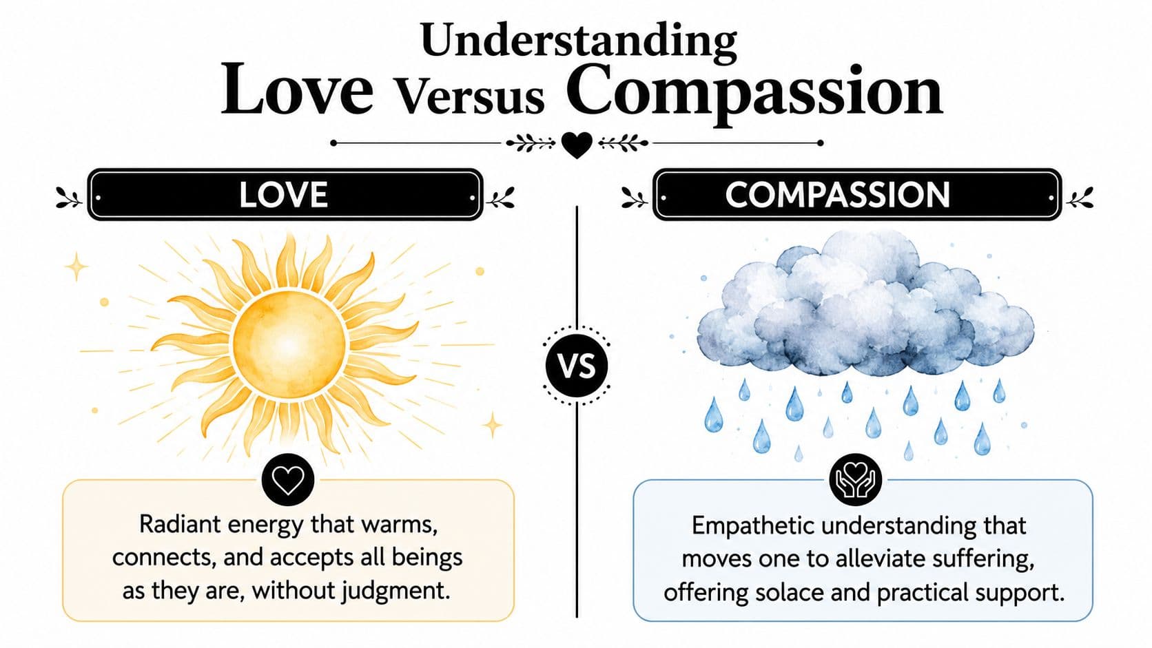 An infographic comparing love, represented by a sun, and compassion, represented by a rainy cloud.