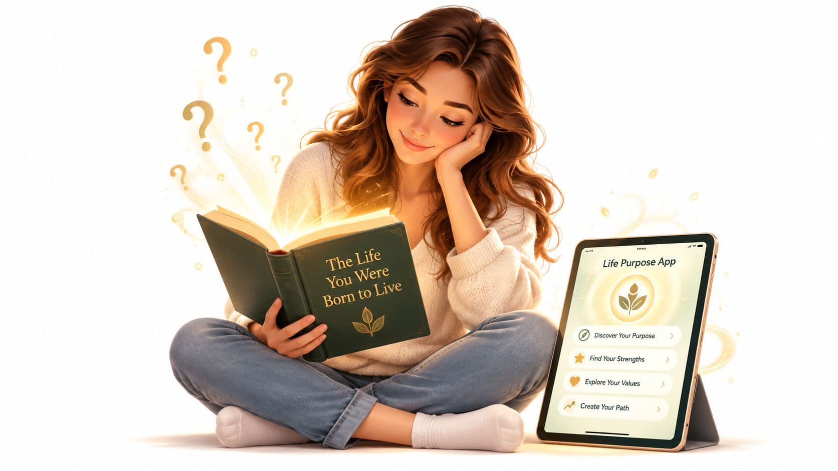 A woman reading a glowing book about life purpose next to a tablet displaying self-discovery app options.