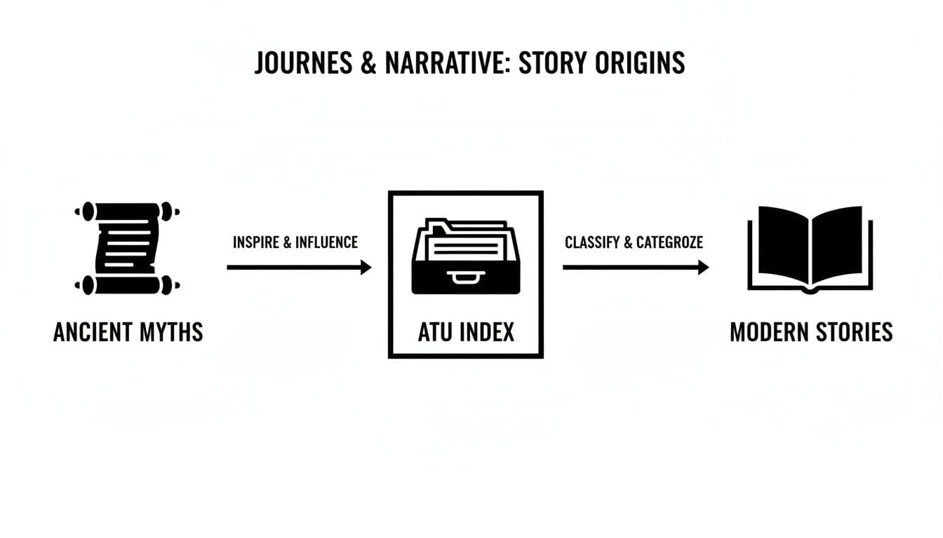 Diagram illustrating how ancient myths inspire the ATU Index, which classifies modern stories.