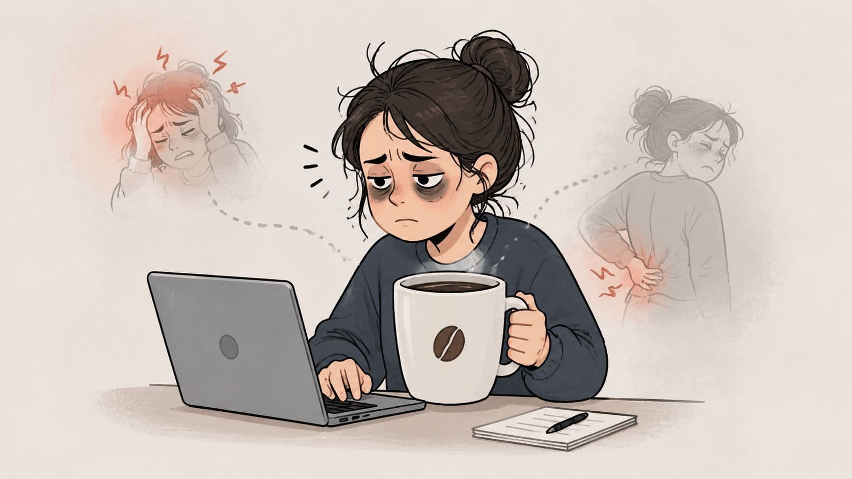An exhausted woman working at a laptop with a coffee mug, experiencing headache and back pain.