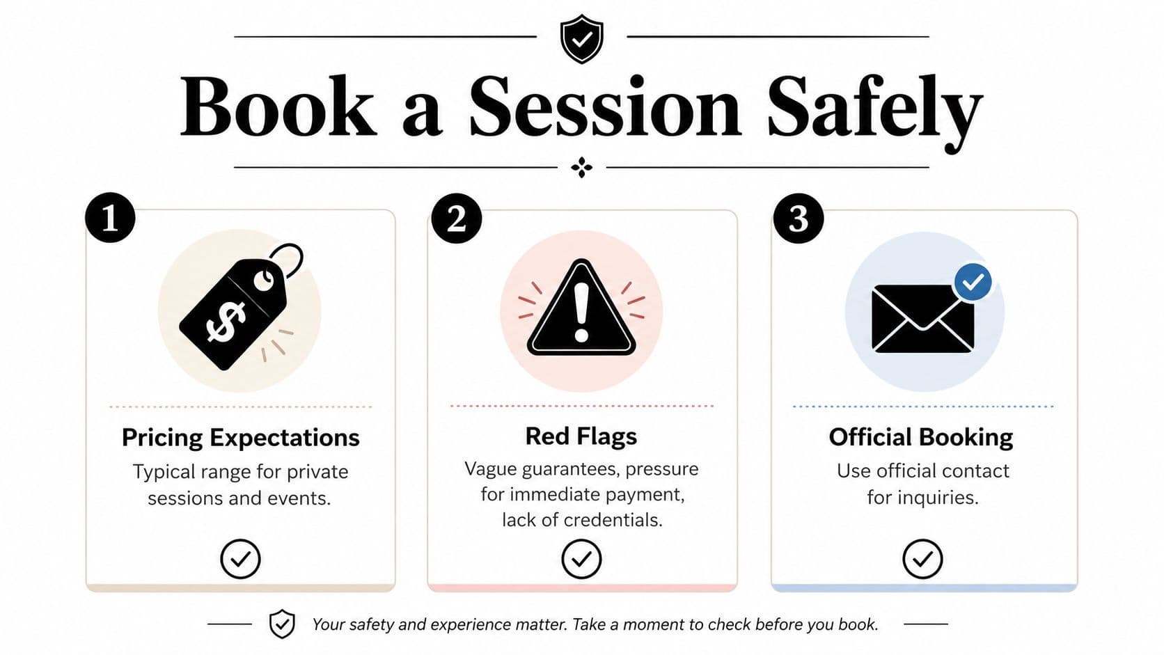 A three-step infographic titled Book a Session Safely providing tips for booking services securely and avoiding scams.