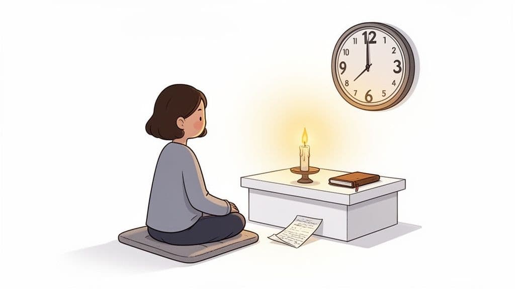 A person meditates, reflecting by candlelight, with a clock showing midnight, a book, and a note.
