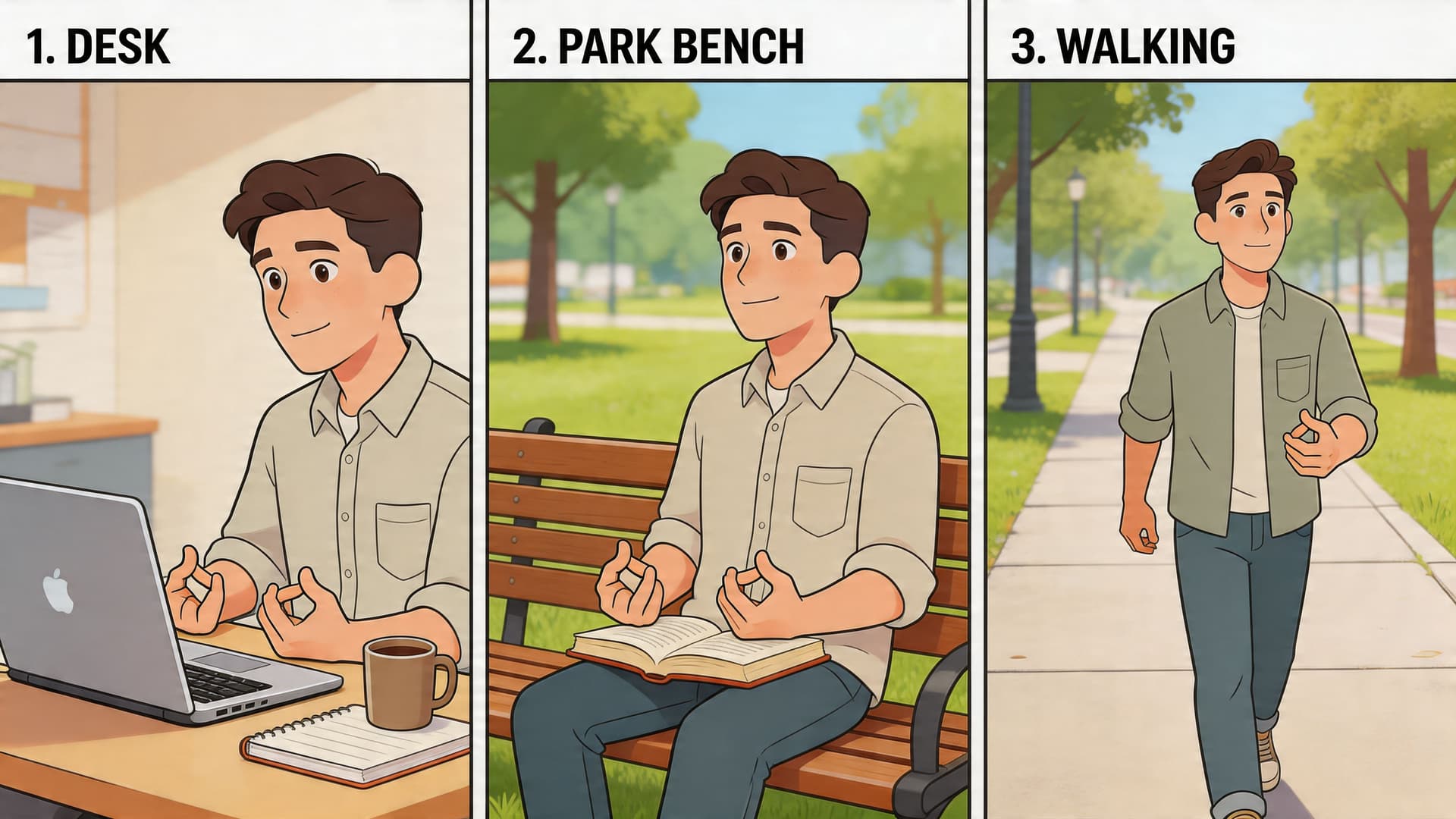 An illustration of a young man practicing mudra hand gestures while working, sitting, and walking outdoors.