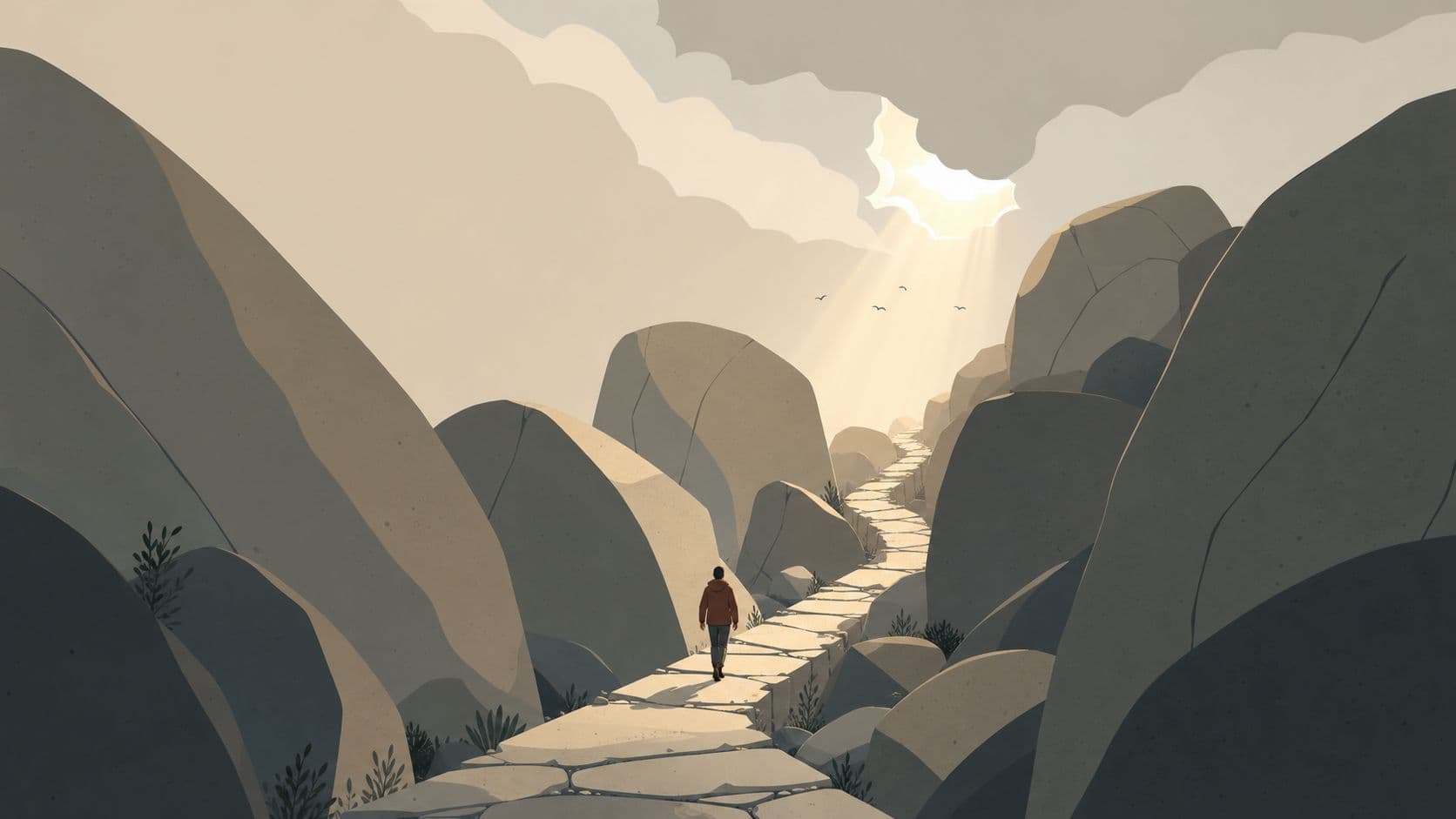 A person walks along a stone path towards a bright light in a dramatic rocky canyon landscape.