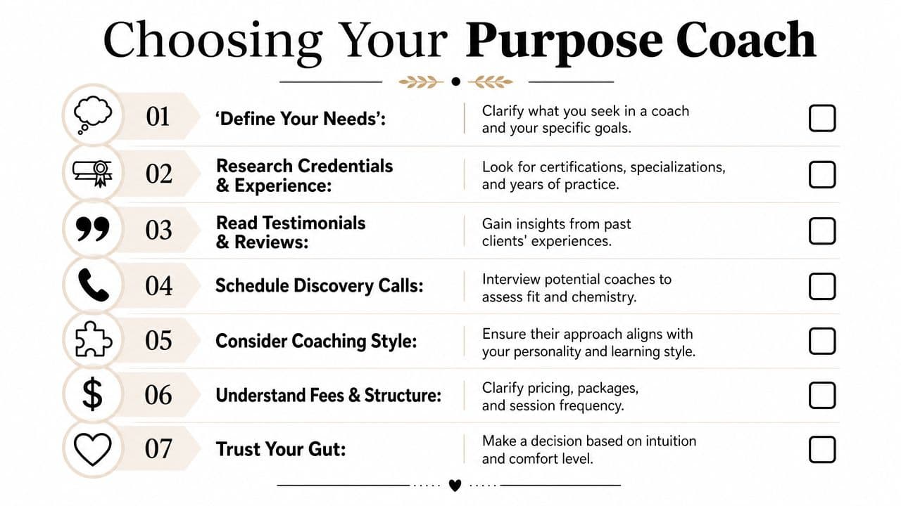 An instructional checklist titled Choosing Your Purpose Coach, listing seven essential steps to select the right mentor.