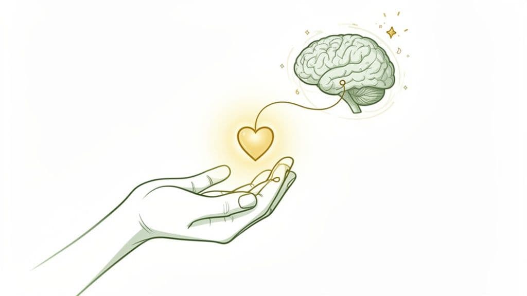 An illustrative hand holds a glowing golden heart, connected by a bright line to a stylized green brain.