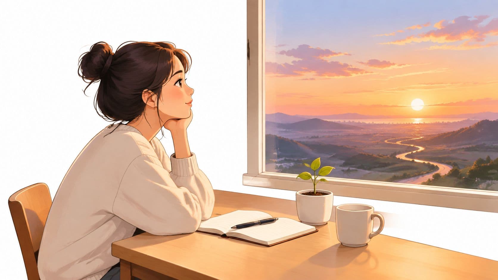 A girl sitting at a desk by a window, gazing thoughtfully at a peaceful sunset over mountains.