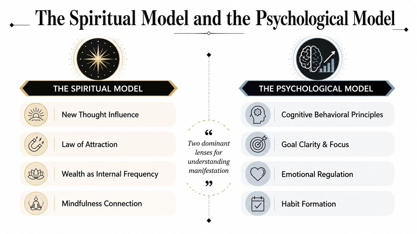A comparison infographic titled The Spiritual Model and the Psychological Model exploring two lenses for understanding manifestation.