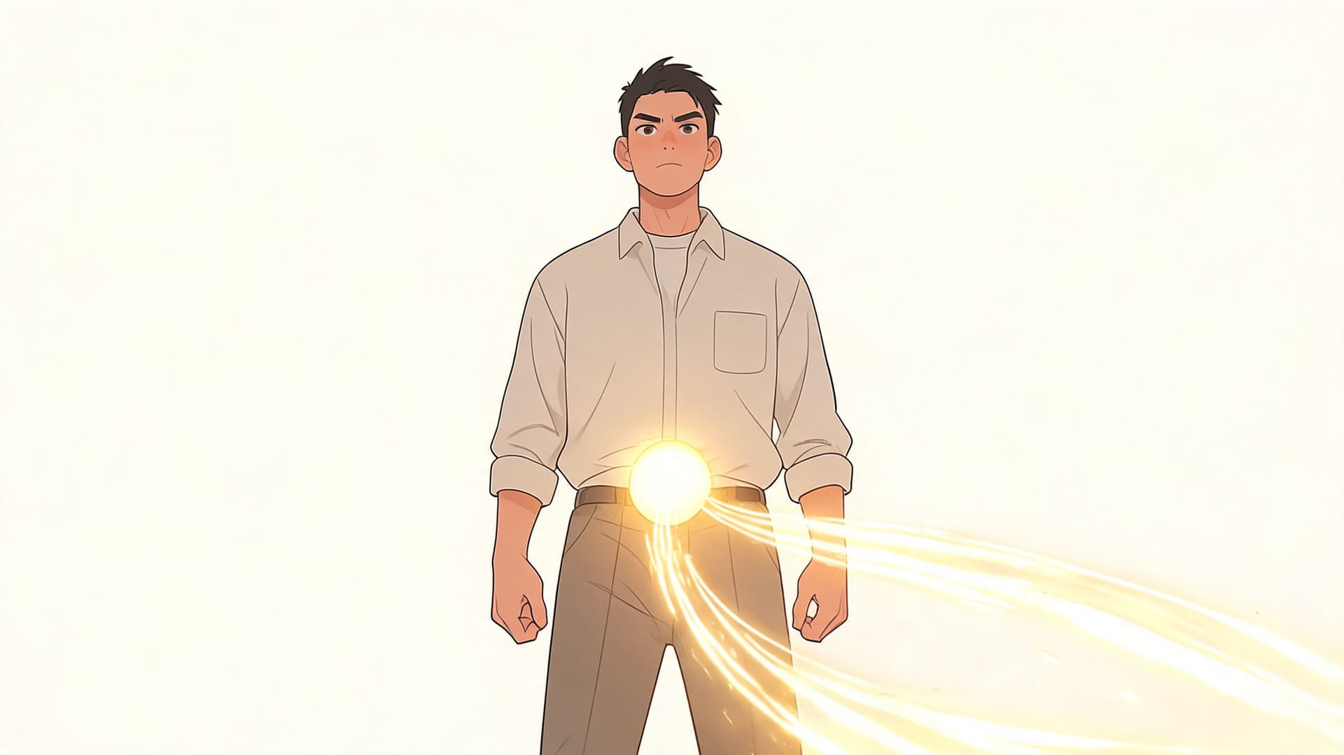 A determined young man with a glowing orb of light radiating energy from his lower abdomen area.
