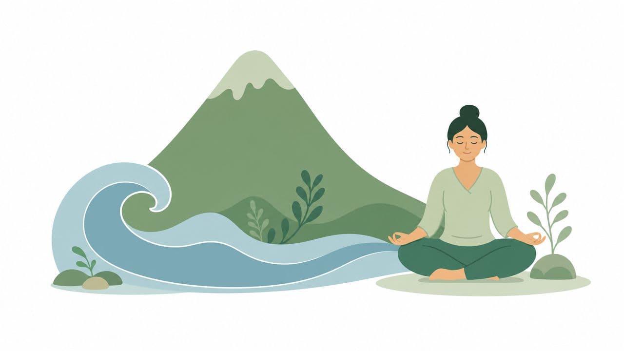 A peaceful illustration of a person meditating in front of a mountain and ocean wave landscape.