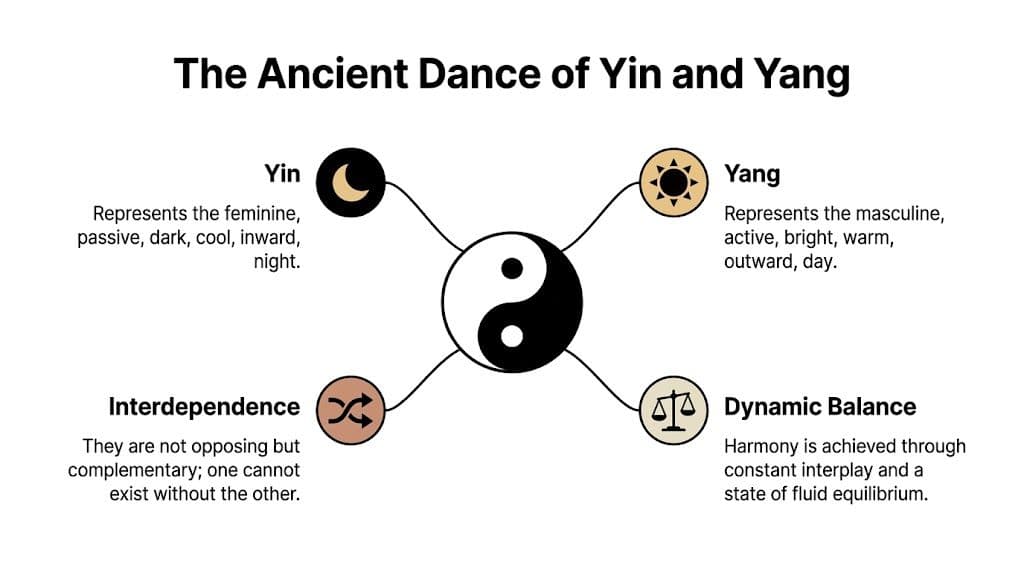 A diagram explaining the concepts of Yin and Yang, showing their characteristics, interdependence, and dynamic balance.