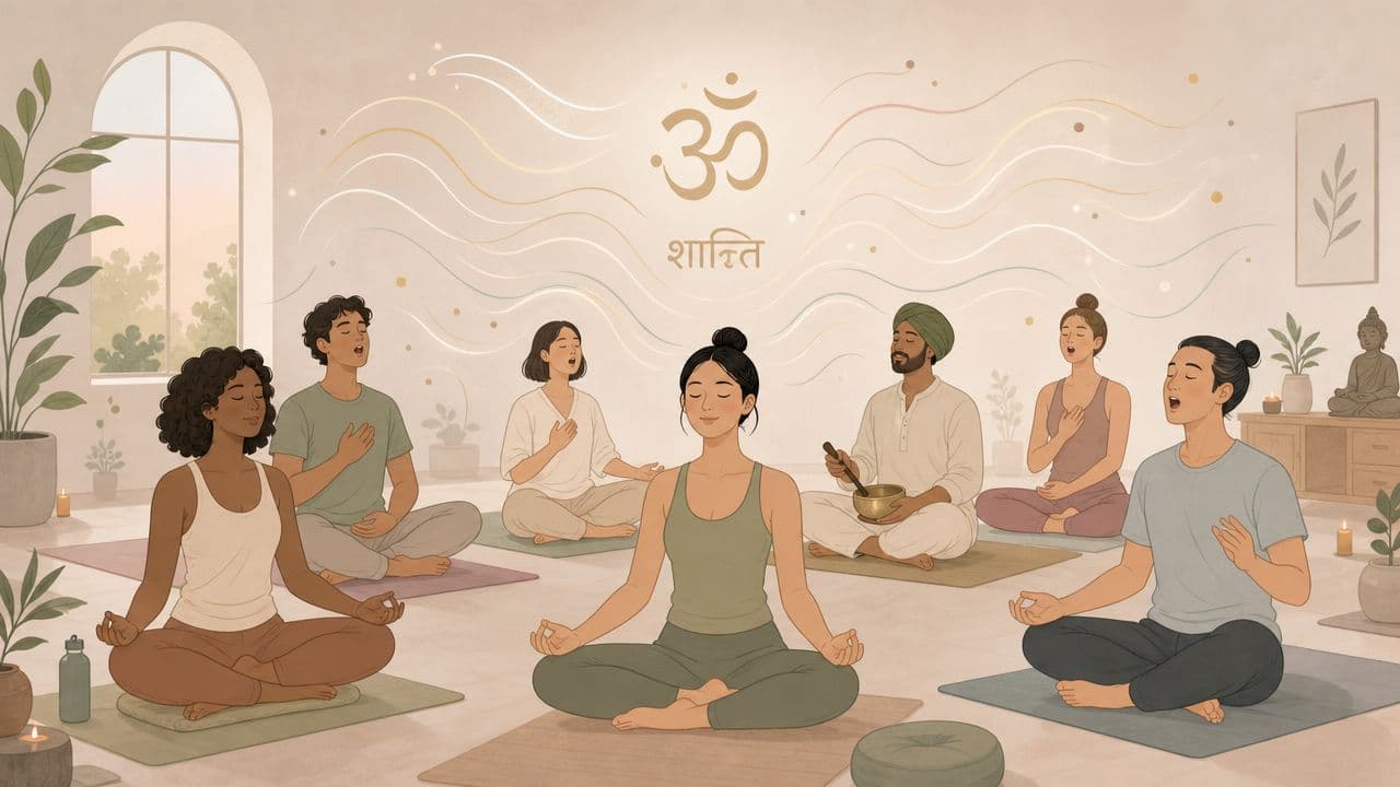 A diverse group of people practicing meditation in a peaceful studio with an Om symbol background.
