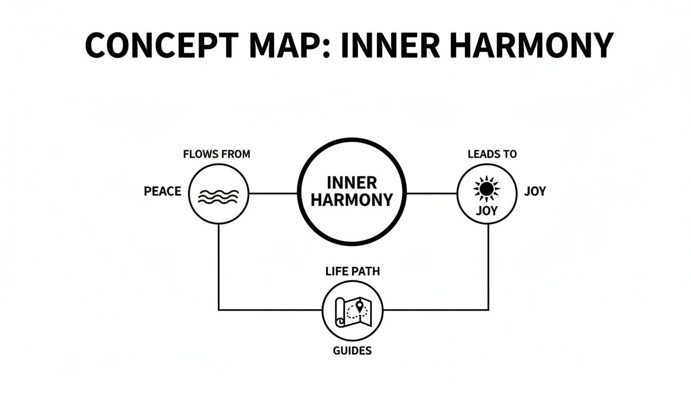 A concept map illustrating inner harmony, showing it flows from peace and leads to joy, guided by one's life path.