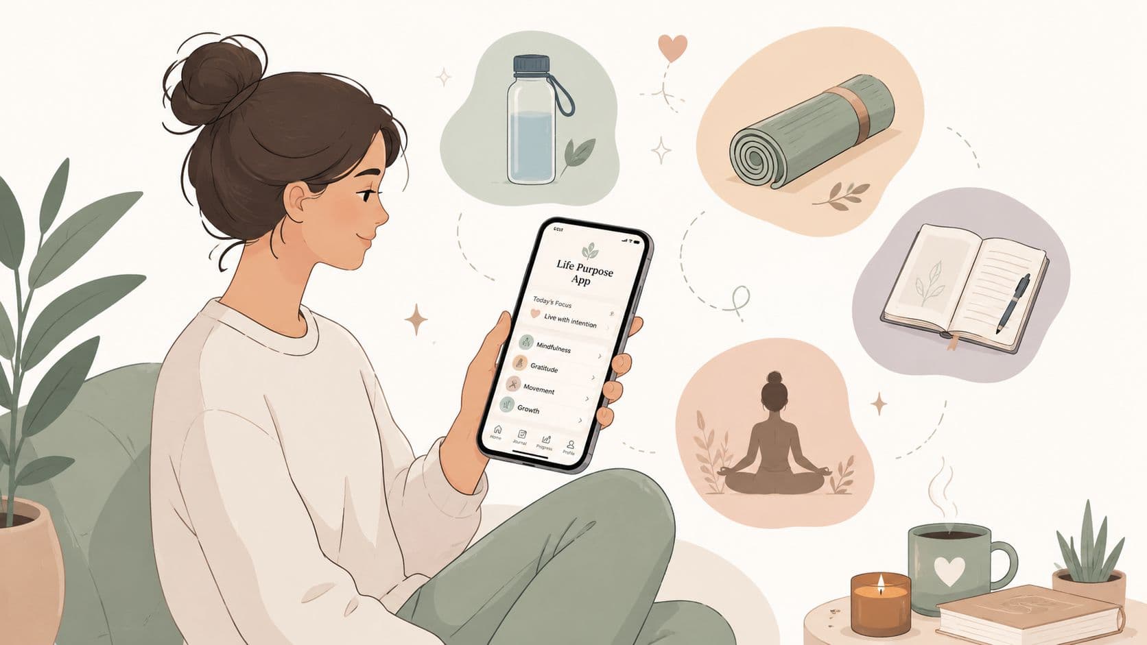A woman using a mindfulness wellness app on her phone surrounded by icons representing healthy habits.