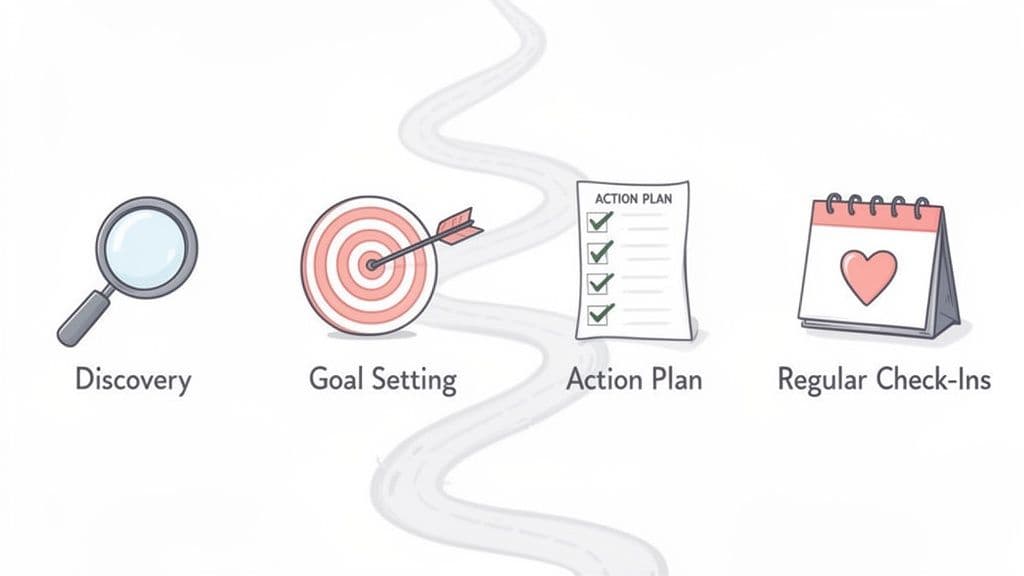 Illustration of a four-step coaching journey: Discovery, Goal Setting, Action Plan, and Regular Check-Ins.