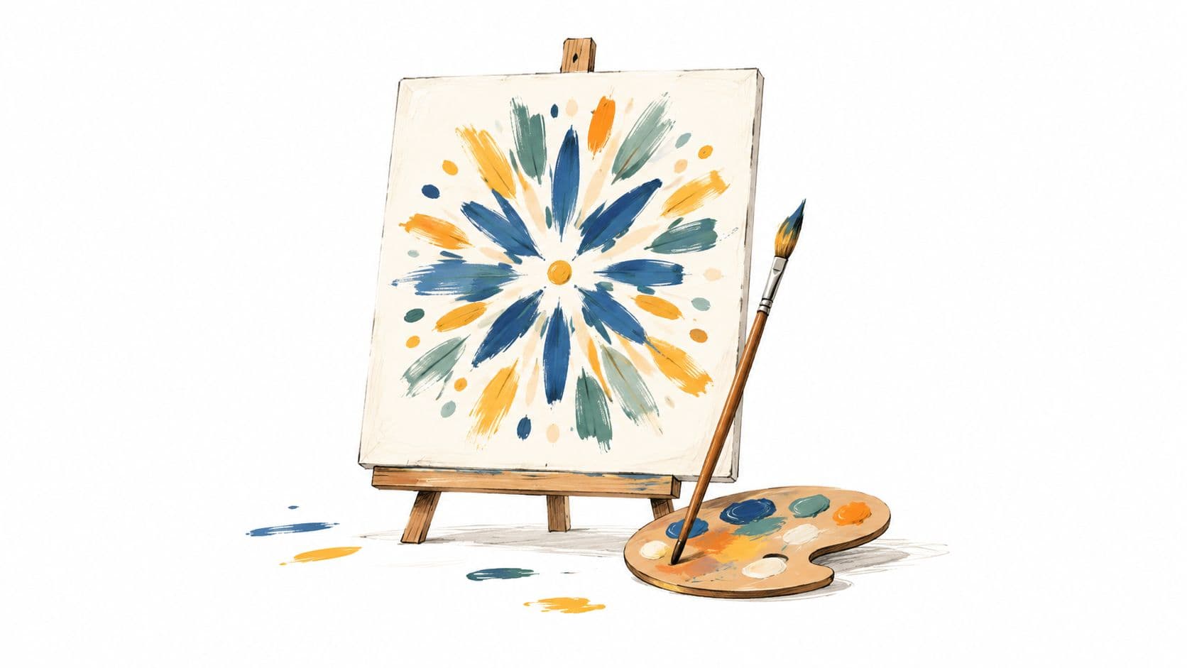 A canvas on a wooden easel featuring a floral mandala painting with a paintbrush and paint palette.
