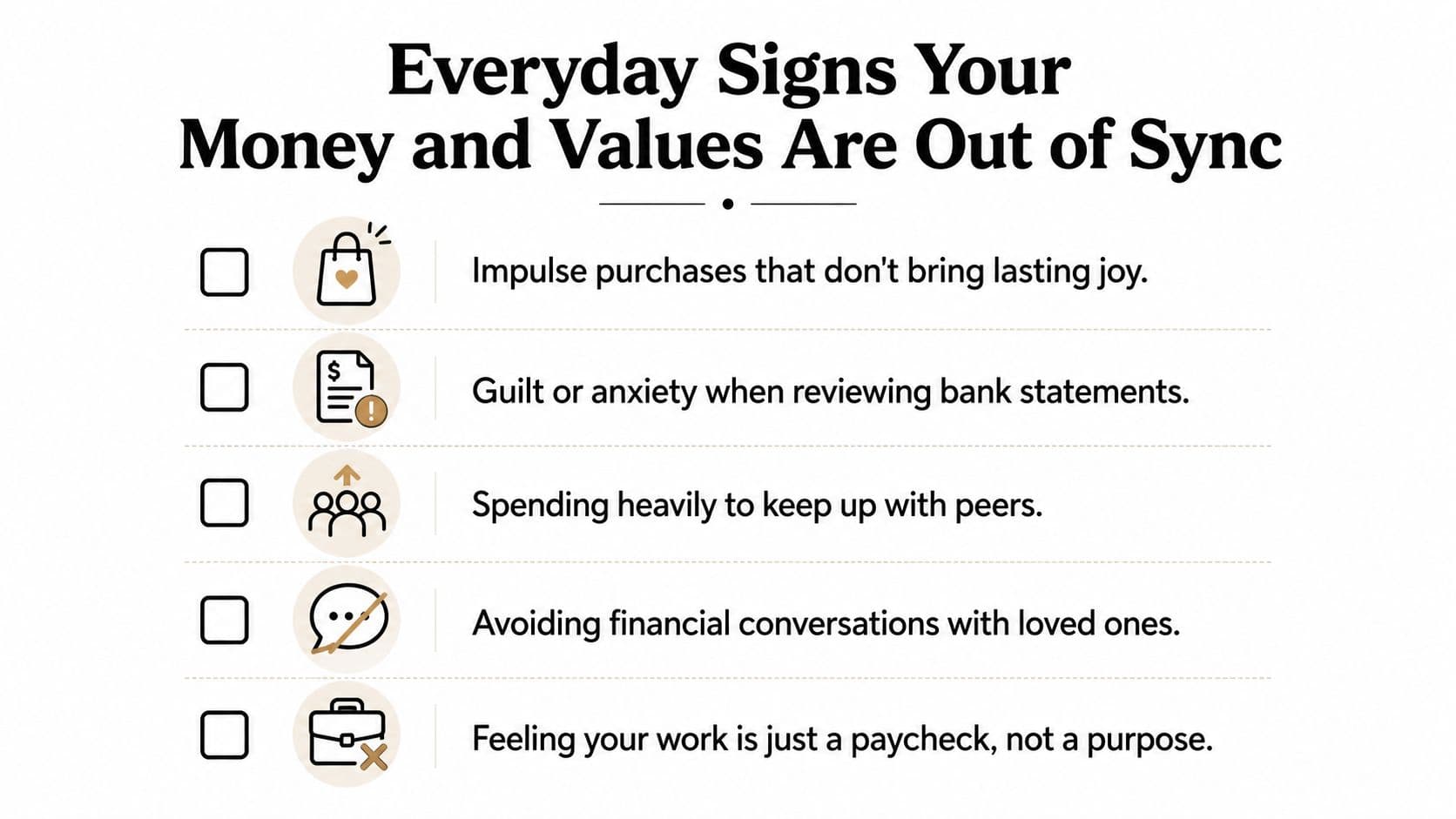 A checklist showing five common signs that personal spending habits do not align with core values.