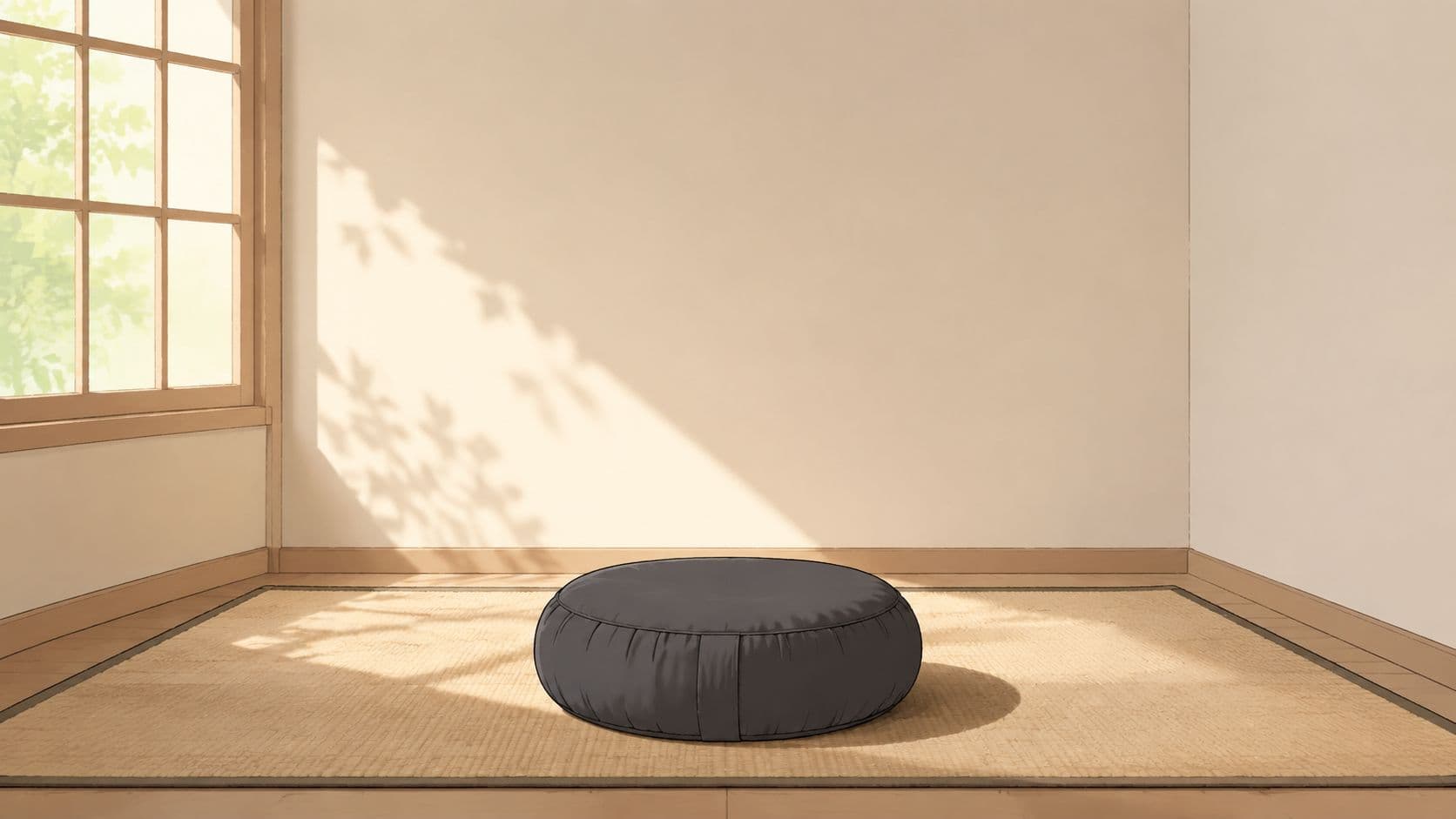 A charcoal gray meditation cushion placed on a woven mat inside a sunlit room with window shadows.