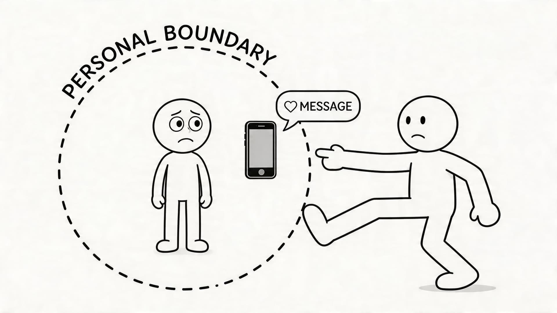 A line drawing illustration showing a person crossing a personal boundary to send a digital message.