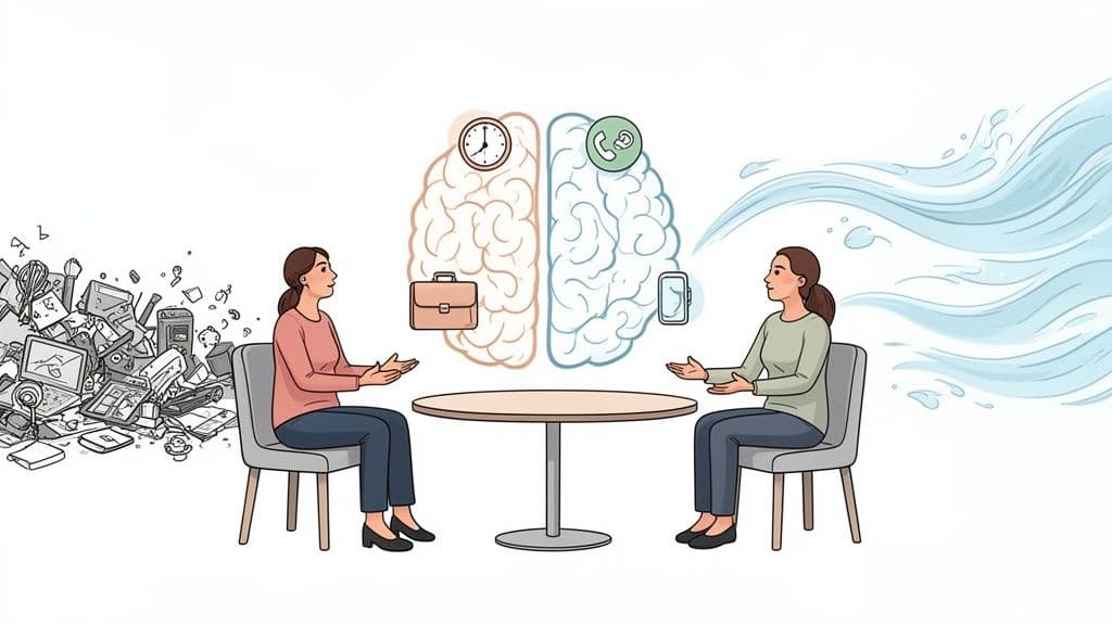 An illustration contrasting a busy, stressed mind with a calm, flowing mind during a discussion.