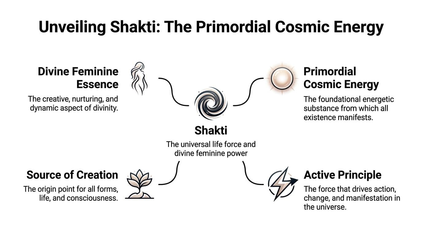 A diagram explaining the concept of Shakti as the primordial cosmic energy, feminine essence, and active principle.