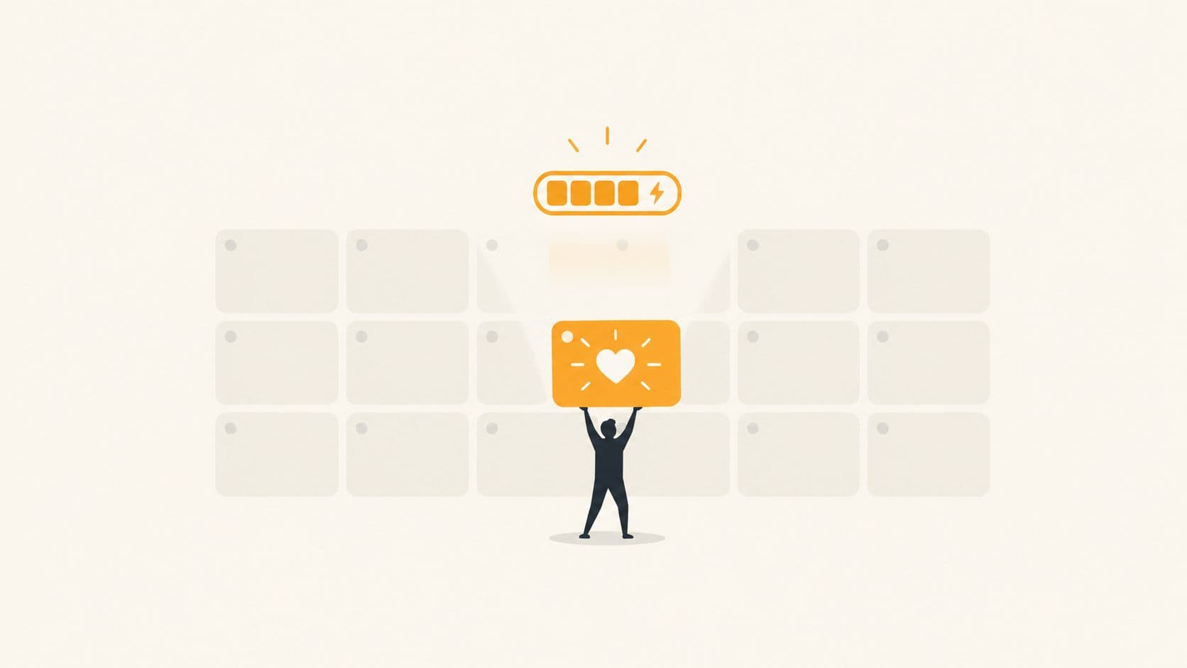 A person holding a glowing heart icon, symbolizing energy replenishment against a backdrop of calendar squares.