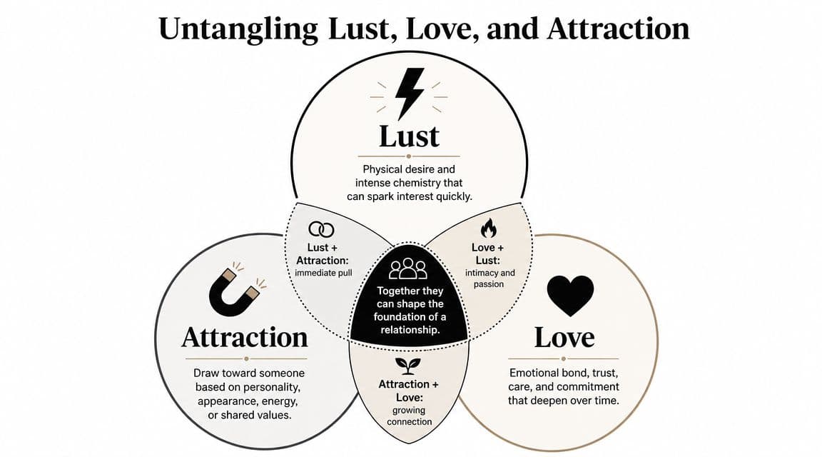 A Venn diagram explaining the connections between lust, attraction, and love in human relationships.