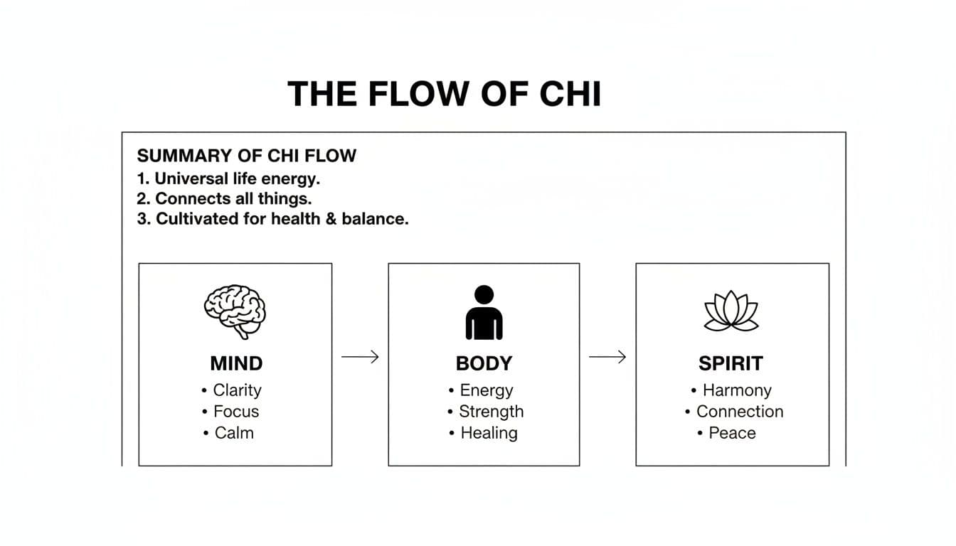 Diagram illustrating the flow of Chi, connecting Mind, Body, and Spirit with their benefits.