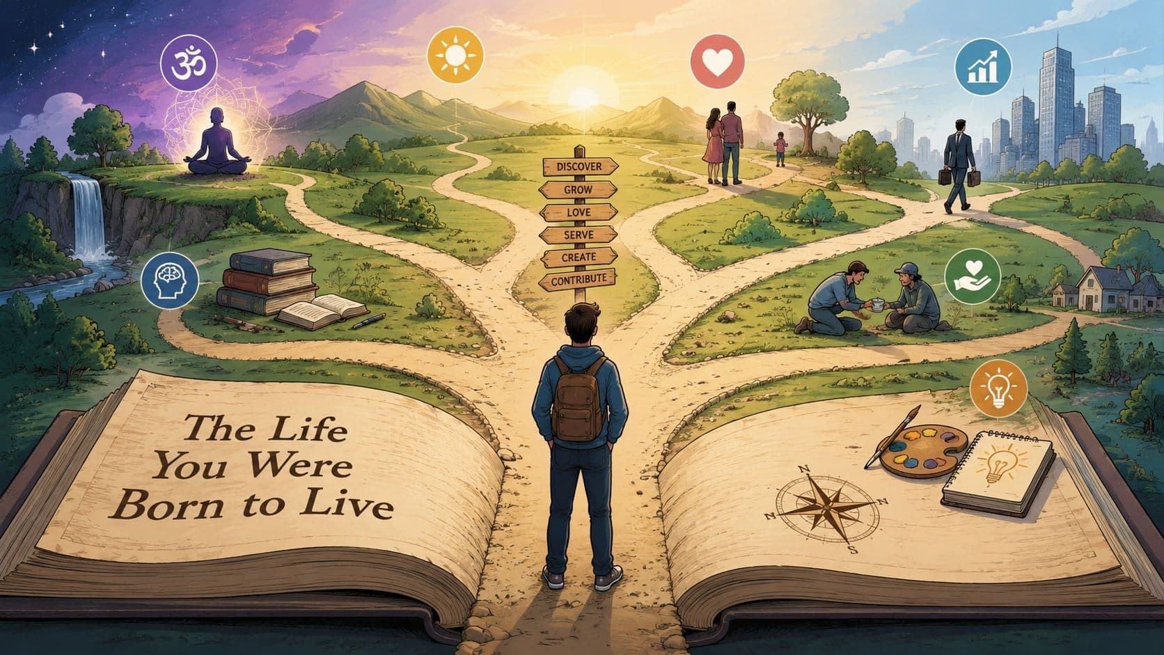 A young person standing before a crossroads in an open book representing life choices and personal growth.