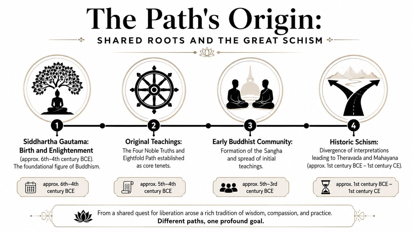 A timeline illustration showing the origin and historical development of Buddhism from Siddhartha Gautama to the Great Schism.