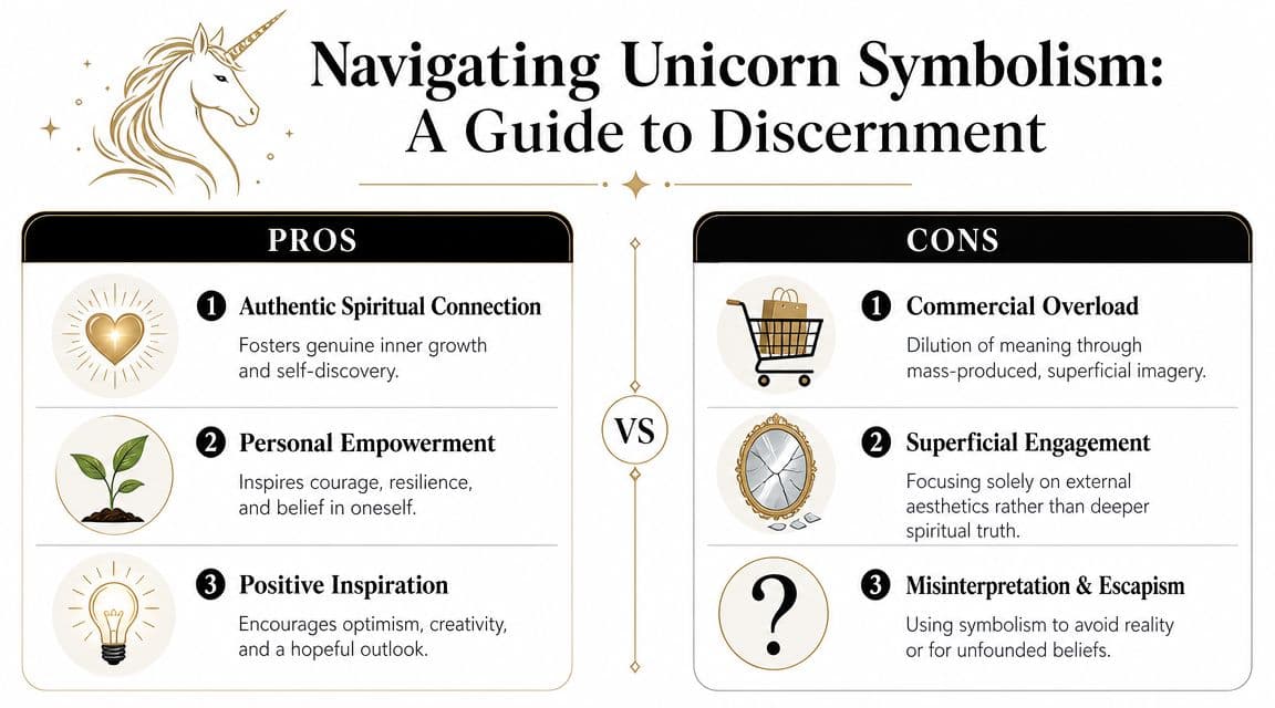 A comparison chart outlining the pros and cons of unicorn symbolism for spiritual growth and discernment.