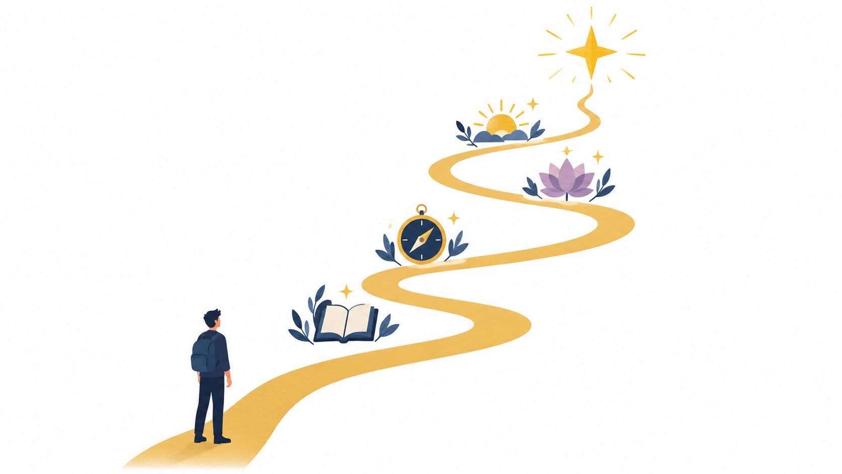 A student with a backpack looking down a winding path toward a bright, glowing star symbol.
