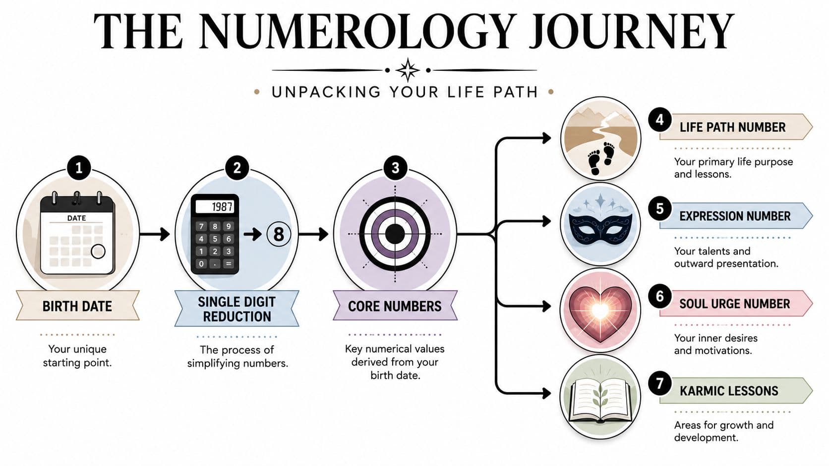 An infographic titled The Numerology Journey, illustrating steps to derive core numbers from a birth date.