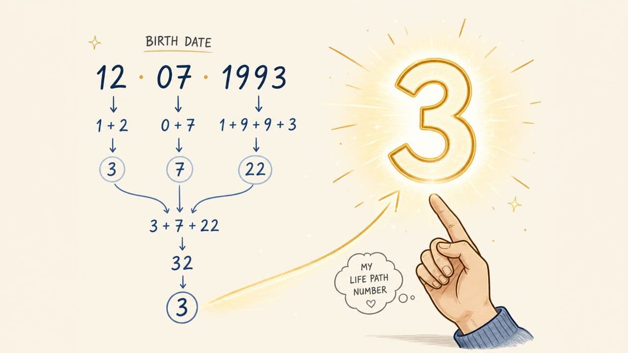 An infographic showing the step-by-step numerology calculation for a birth date to determine a life path number.